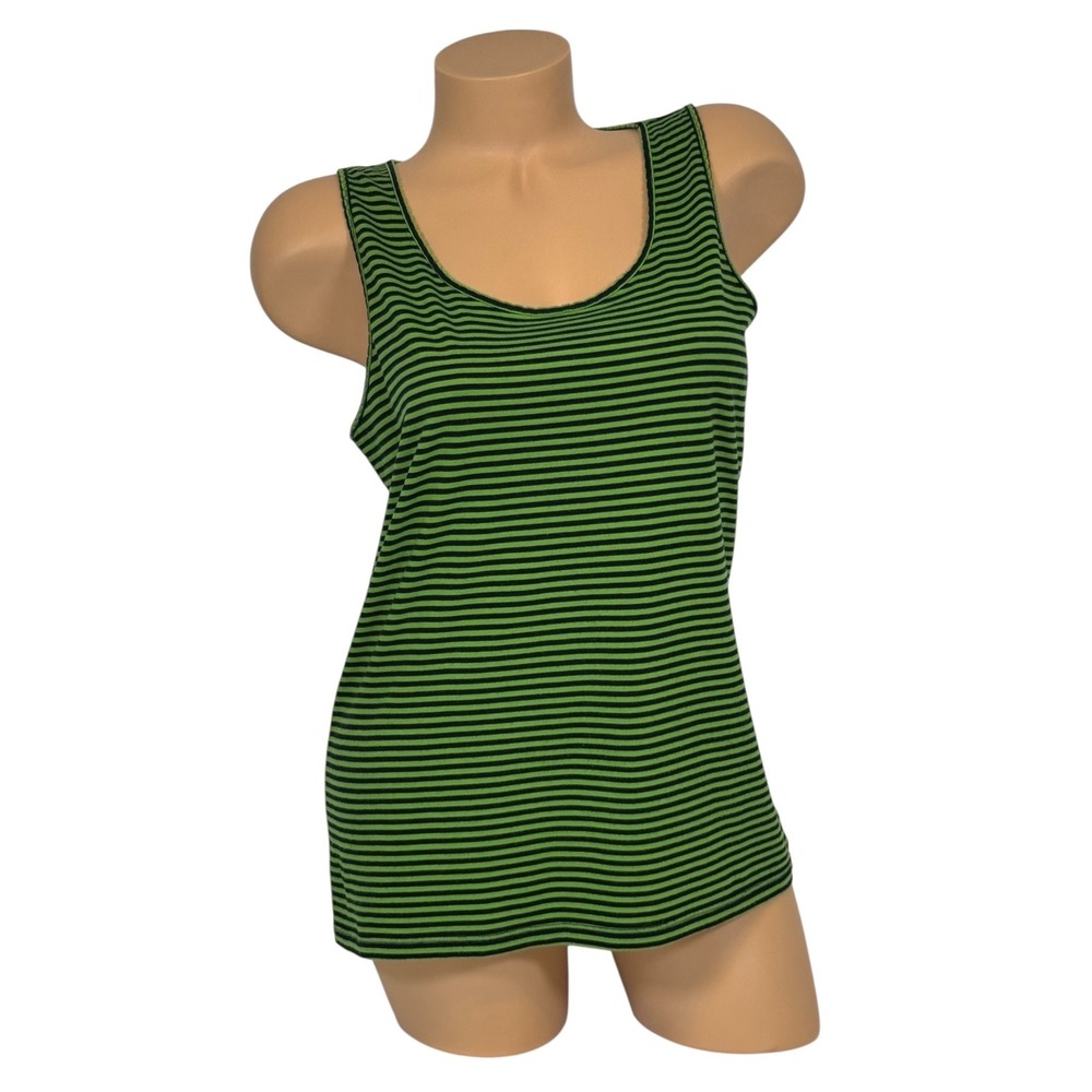 Talbots Women's Large Green Navy Blue Striped Scoop‎ Neck Tank Top Picot Trim